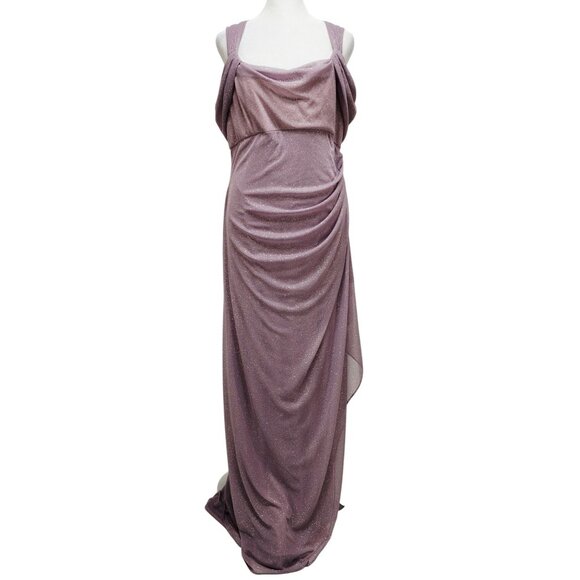 Alex Evenings Mauve Patty Dress Sparkle Draped Gown Cold-Shoulder Size 16 Wear - Picture 2 of 11
